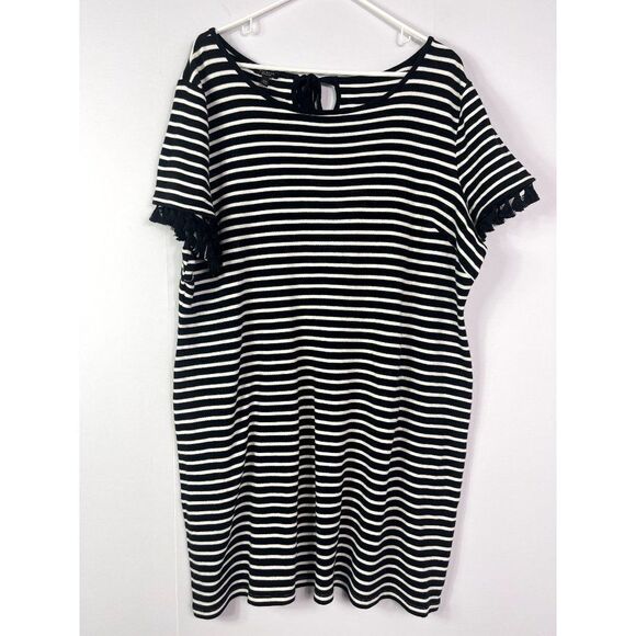 Talbots Black/White Striped Tassel Sleeve Dress, 100% Cotton, Size 2XP - Picture 1 of 8